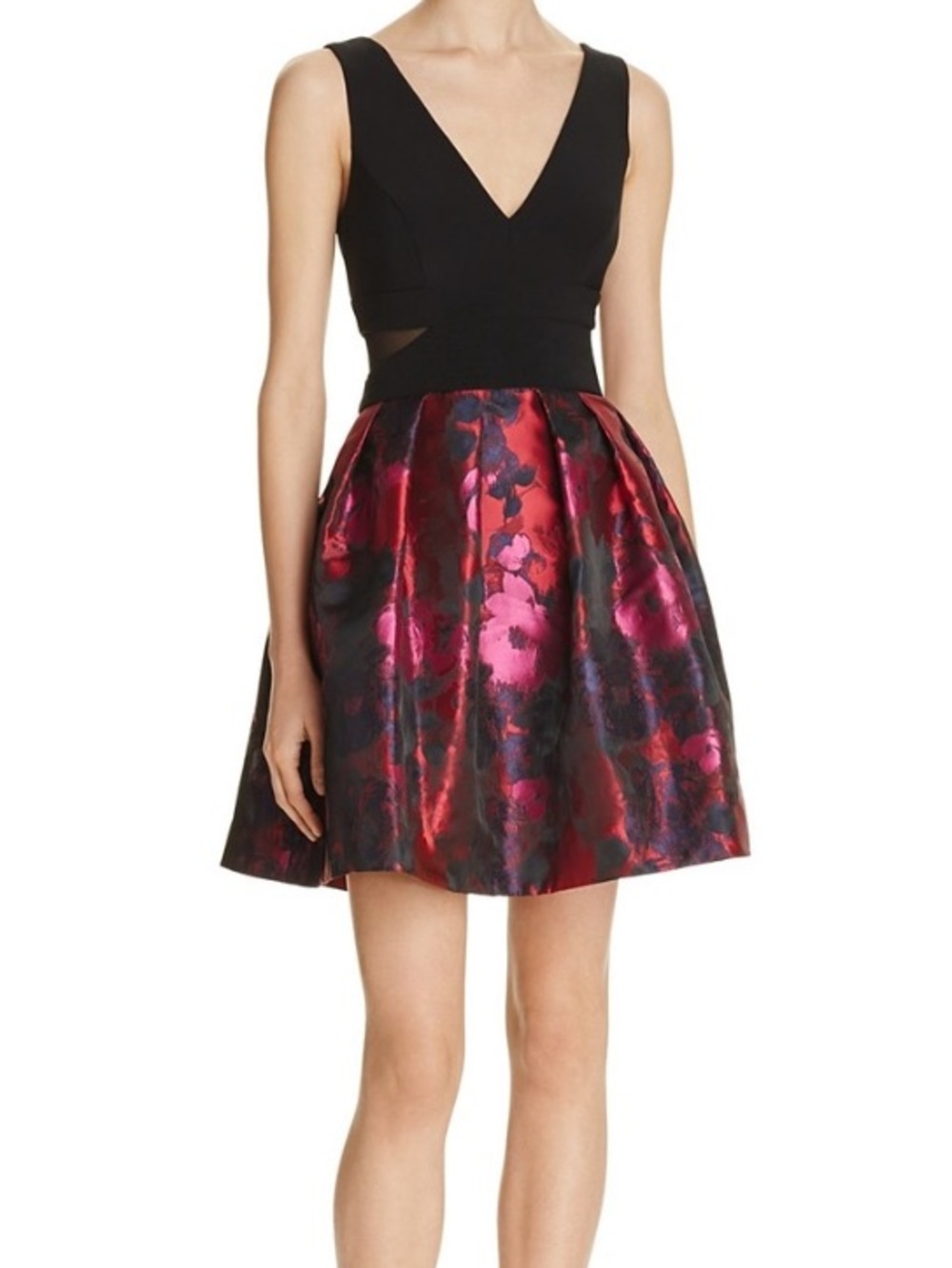 Avery G Black & Floral Fit-and-Flare Dress. Sheer cut outs